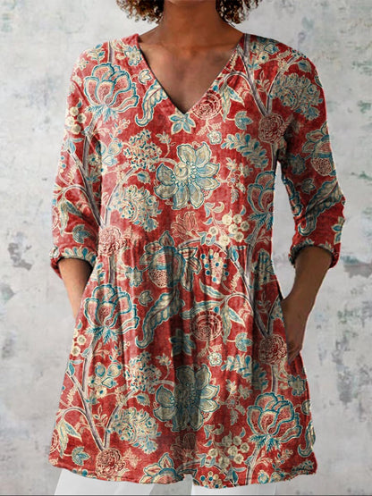 Women's Vintage Lovely Floral Art Print Casual Linen V-neck Shirt
