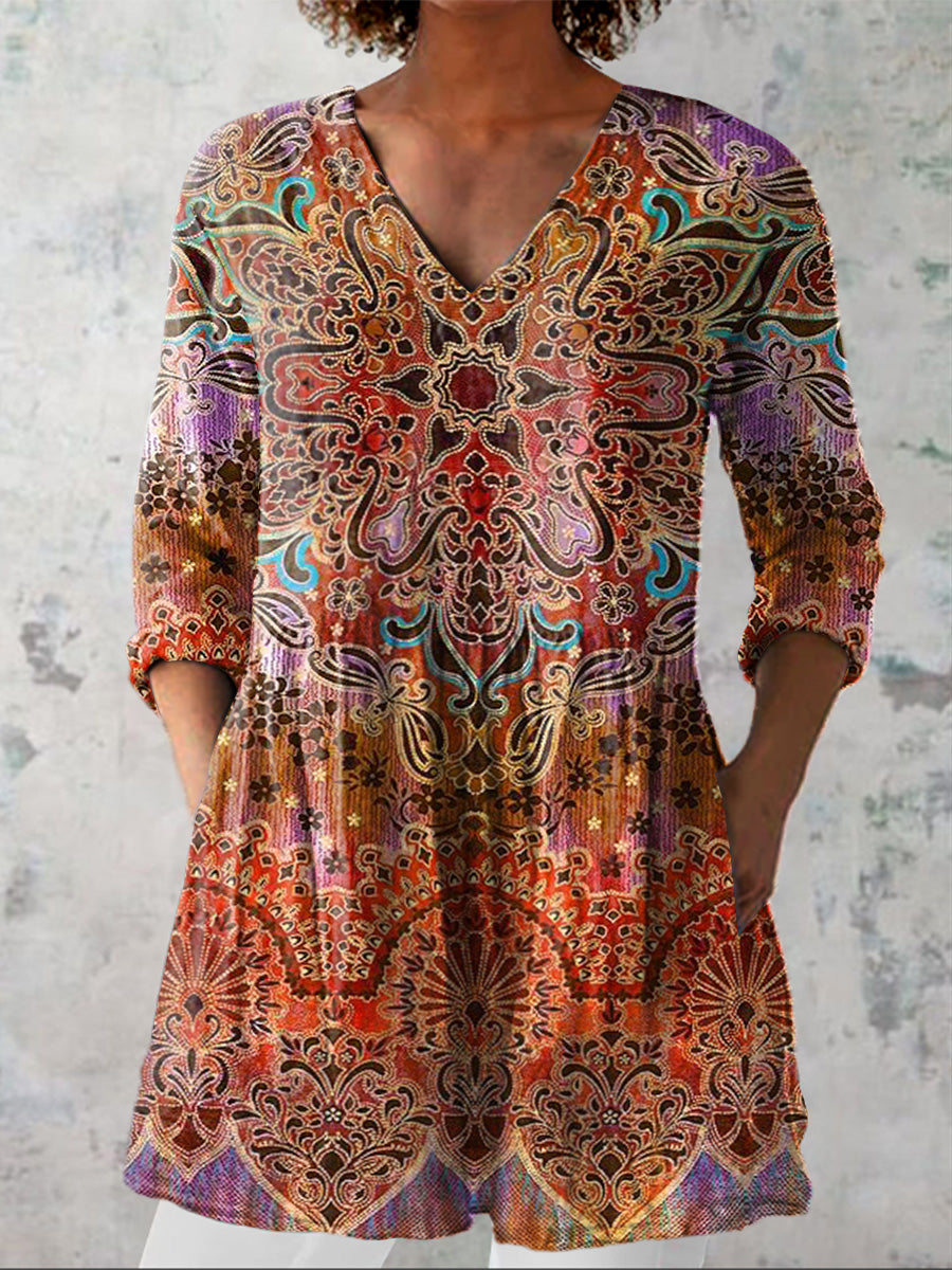 Summer Boho Pattern Printed Women's Casual Linen V-Neck Shirt