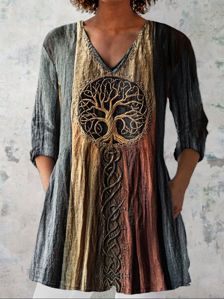 Women's  Tree Of Life Vintage Art Print Casual Linen V-neck Shirt