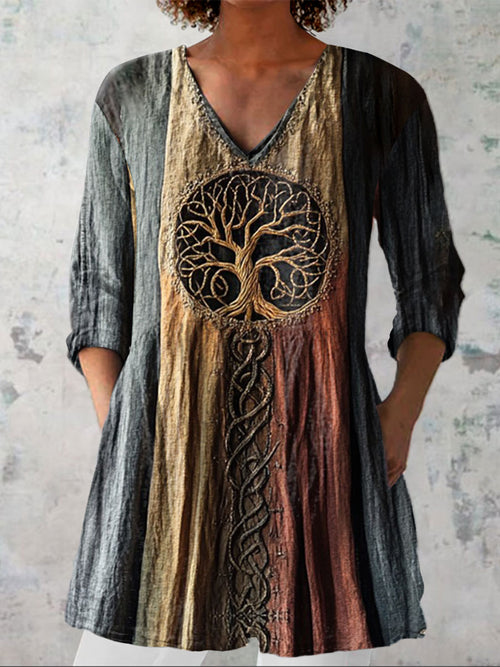 Women's  Tree Of Life Vintage Art Print Casual Linen V-neck Shirt