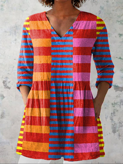 Mid-Century Bauhaus Geometric Pattern Printed Women's Casual Linen V-Neck Shirt