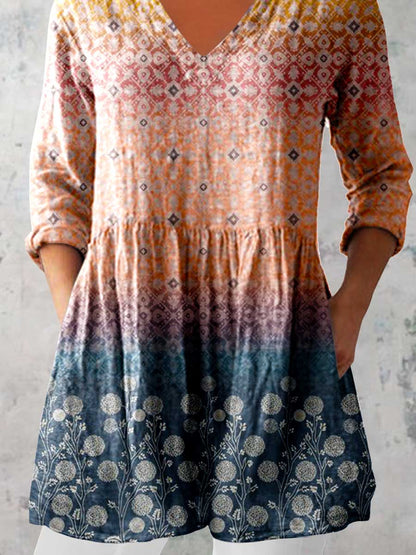 Women's Elegant Floral Cotton and Linen Top