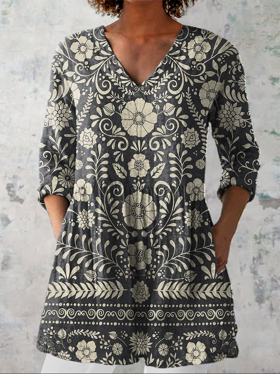 Retro Floral Pattern Printed Women's Casual Linen V-Neck Shirt