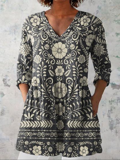 Retro Floral Pattern Printed Women's Casual Linen V-Neck Shirt