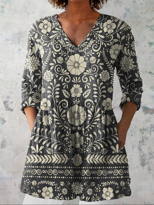 Retro Floral Pattern Printed Women's Casual Linen V-Neck Shirt