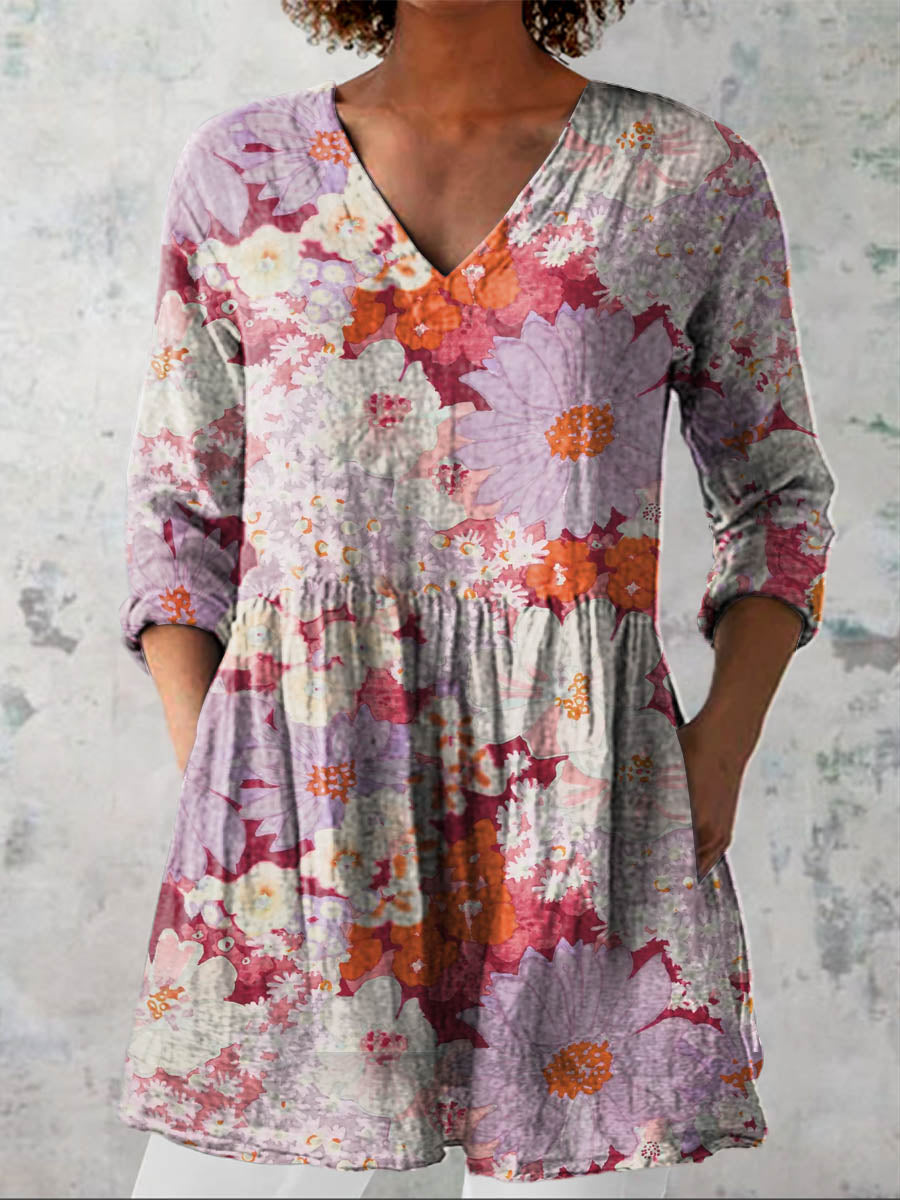 Women's Vintage Lovely Floral Art Print Casual Linen V-neck Shirt