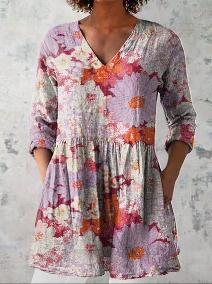 Women's Vintage Lovely Floral Art Print Casual Linen V-neck Shirt