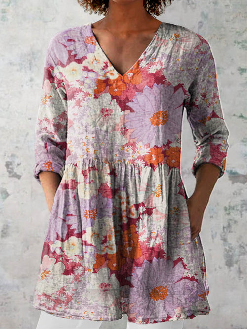 Women's Vintage Lovely Floral Art Print Casual Linen V-neck Shirt