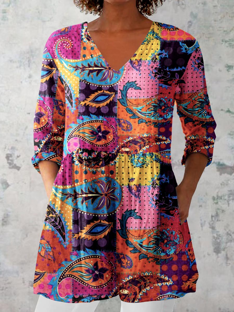 Women's Art Geometric Floral Print V-Neck Cotton and Linen Top