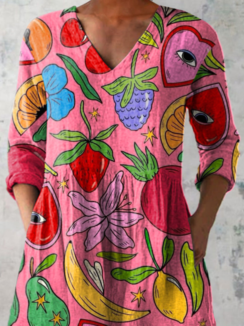 Quirky Summer Fruit Pattern Printed Women's Casual Linen V-Neck Shirt