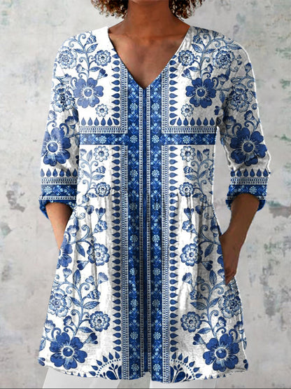 Boho Style Floral Pattern Printed Women's Casual Linen V-Neck Shirt