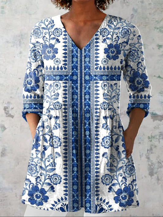 Boho Style Floral Pattern Printed Women's Casual Linen V-Neck Shirt