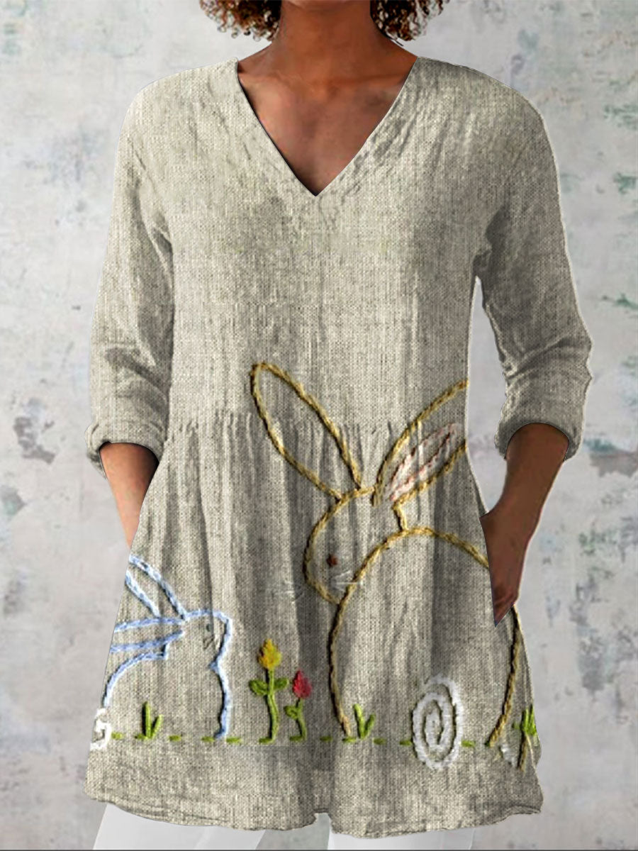 Women's  Easter Embroidery Bunny Art Print Casual Linen V-neck Shirt