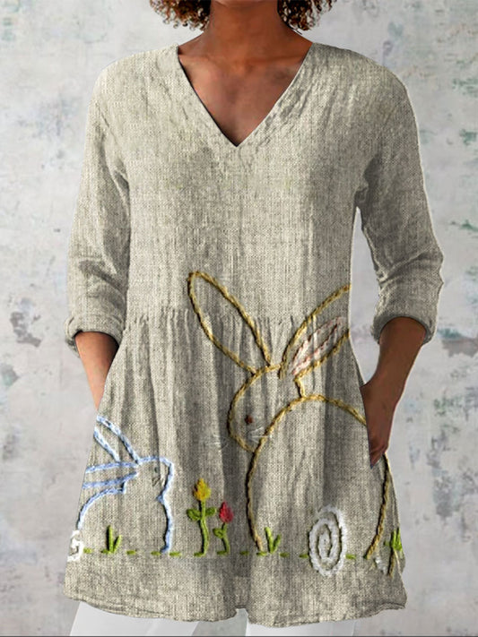 Women's  Easter Embroidery Bunny Art Print Casual Linen V-neck Shirt