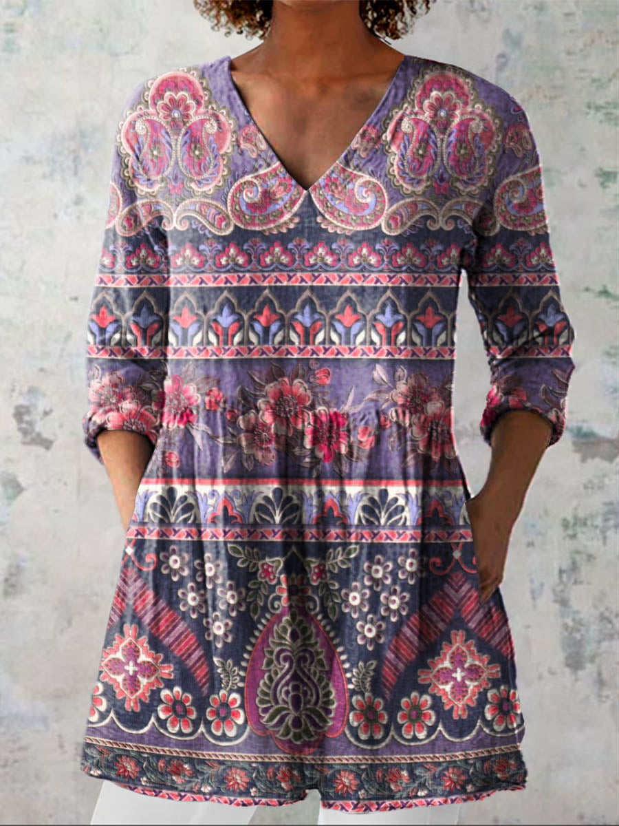 Women's Vintage Floral Art Print Casual Cotton Linen V-neck Shirt