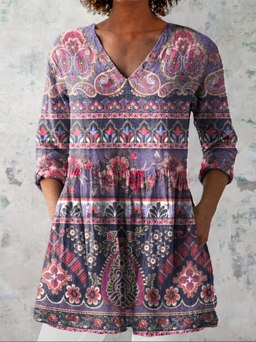 Women's Vintage Floral Art Print Casual Cotton Linen V-neck Shirt