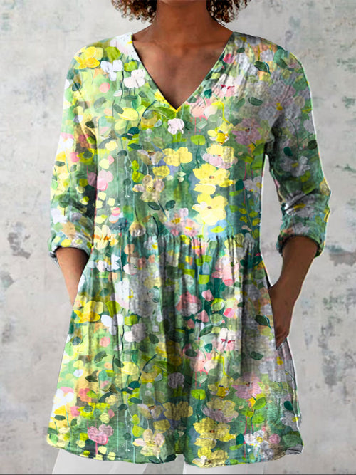 Women's Colorful Flower Art Print Casual Linen V-neck Shirt