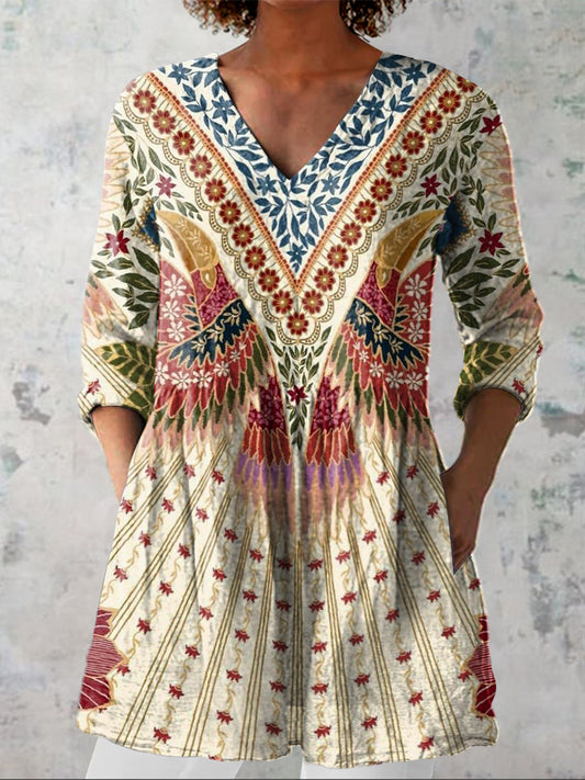 Ethnic Style Tropical Jungle Pattern Printed Women's Casual Linen V-Neck Shirt