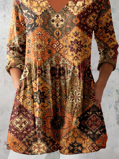 Women's Elegant Ethnic Pattern Cotton and Linen Round Neck Top