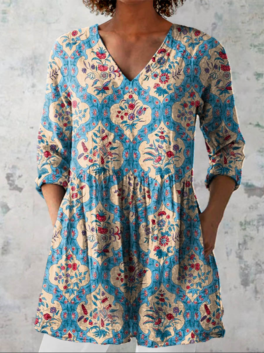 Women's Vintage Lovely Floral Art Print Casual Linen V-neck Shirt