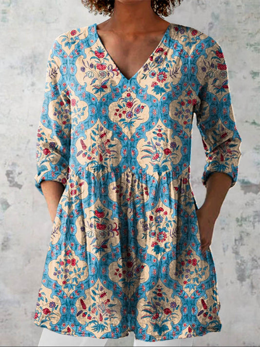 Women's Vintage Lovely Floral Art Print Casual Linen V-neck Shirt