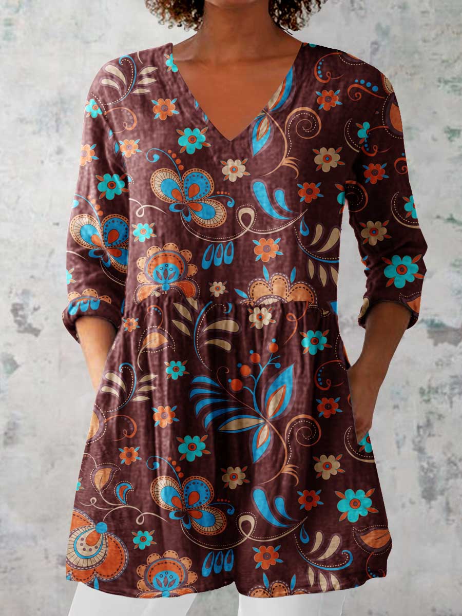 Women's Elegant Floral Print Cotton and Linen Top