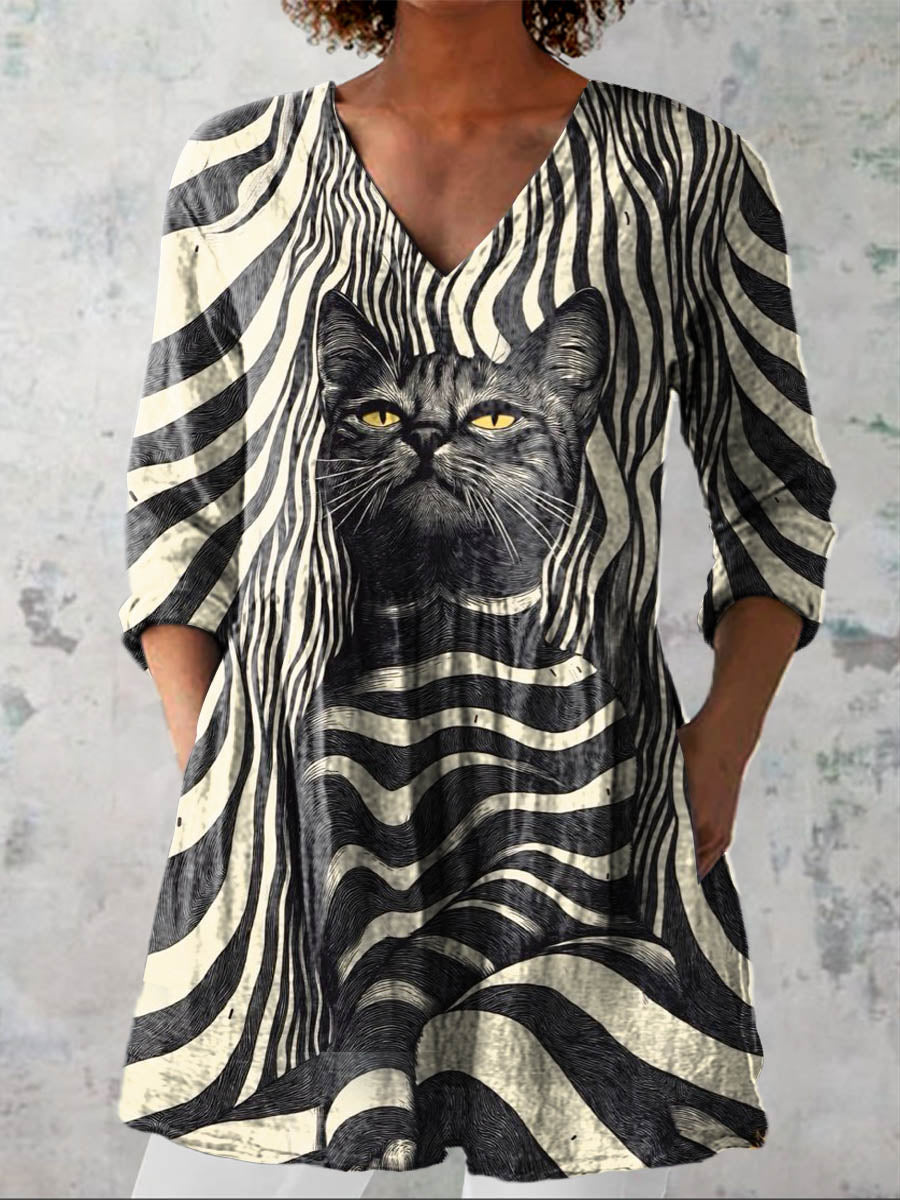 Women's Lovely Geometric Line Cat Pattern Art Print Casual Cotton Linen V-neck Shirt