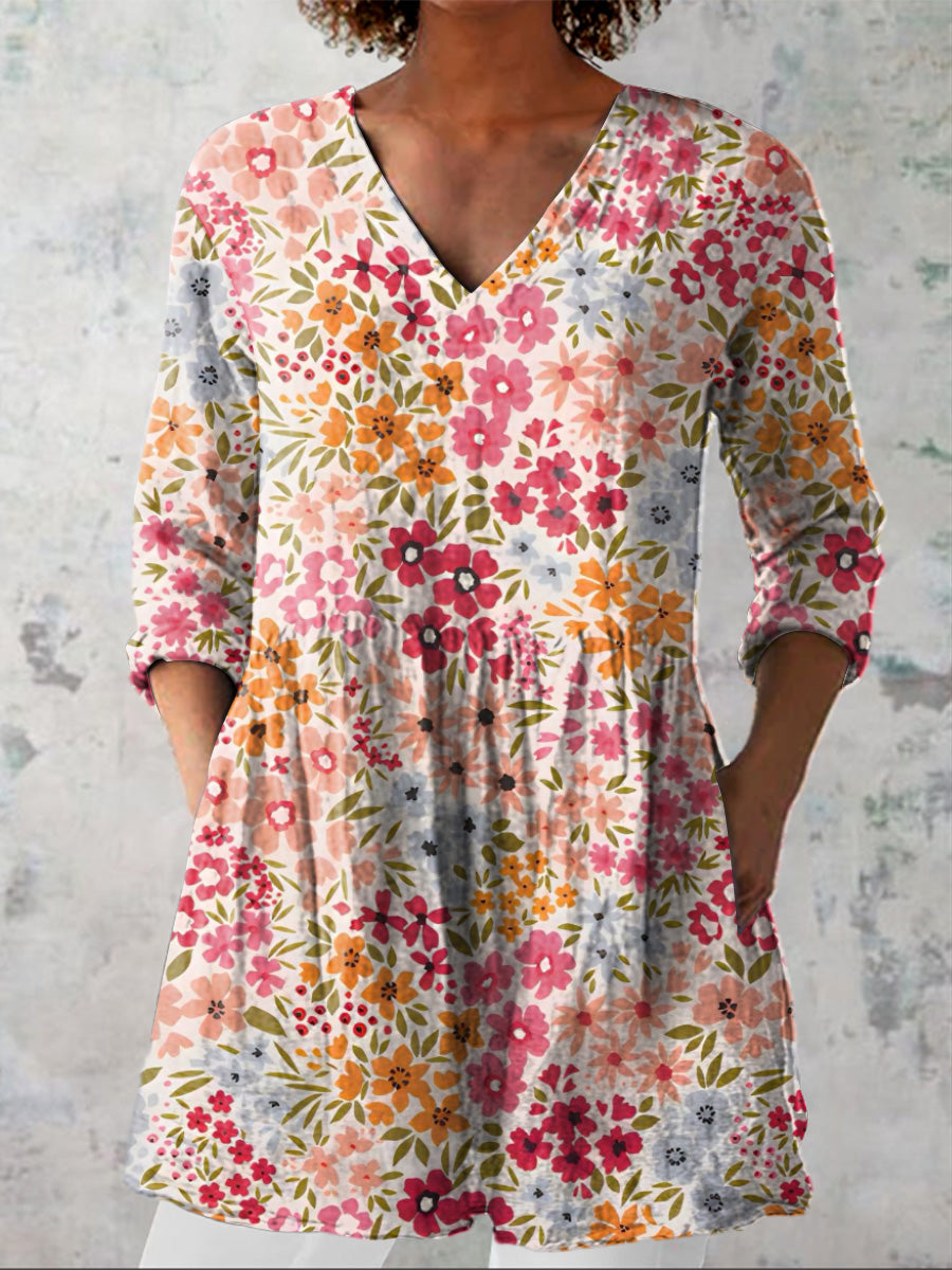 Vibrant Summer Floral Pattern Printed Women's Casual Linen V-Neck Shirt