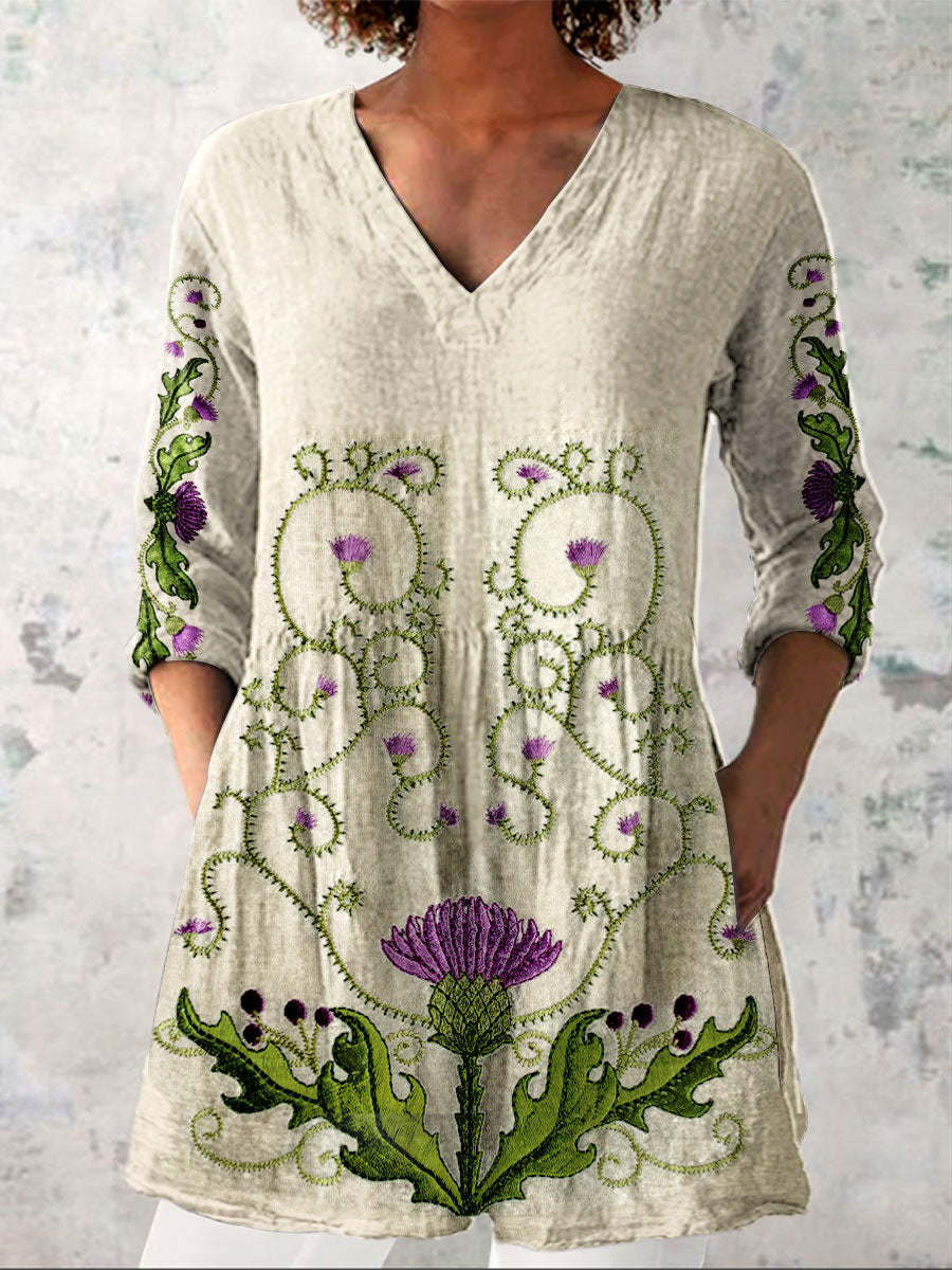 Women's Vintage Floral Art Print Casual Linen V-neck Shirt