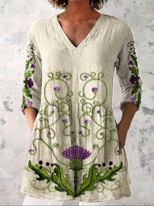 Women's Vintage Floral Art Print Casual Linen V-neck Shirt