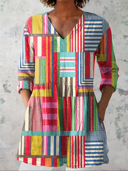 Colorful Geometric Pattern Printed Women's Casual Linen V-Neck Shirt