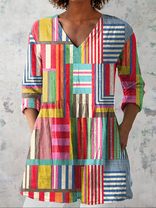 Colorful Geometric Pattern Printed Women's Casual Linen V-Neck Shirt