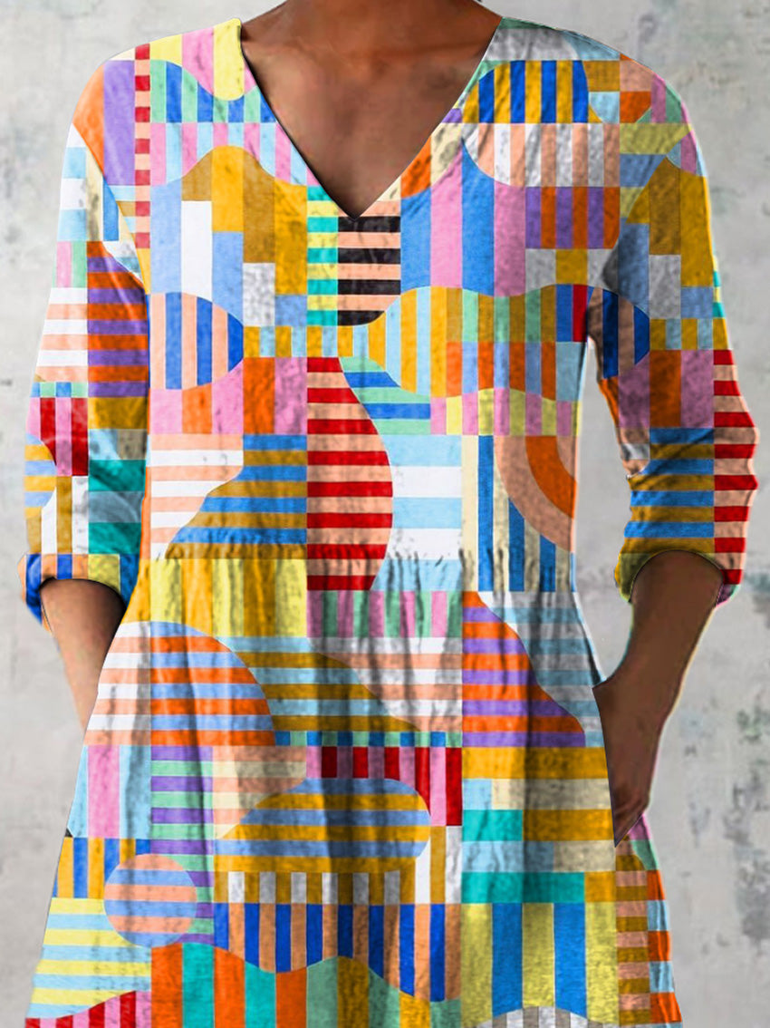 Bauhaus Style Abstract Geometric Pattern Printed Women's Casual Linen V-Neck Shirt
