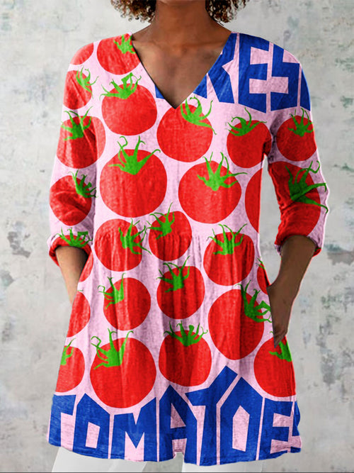 Women's Vintage Tomato Art Print Casual Linen V-neck Shirt