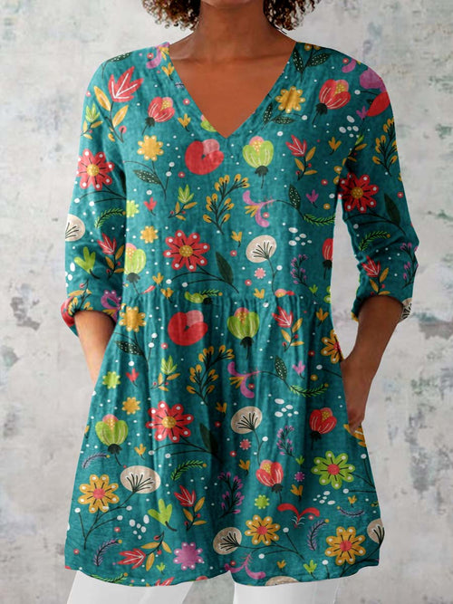 Women's Elegant Floral Pattern Cotton and Linen Top
