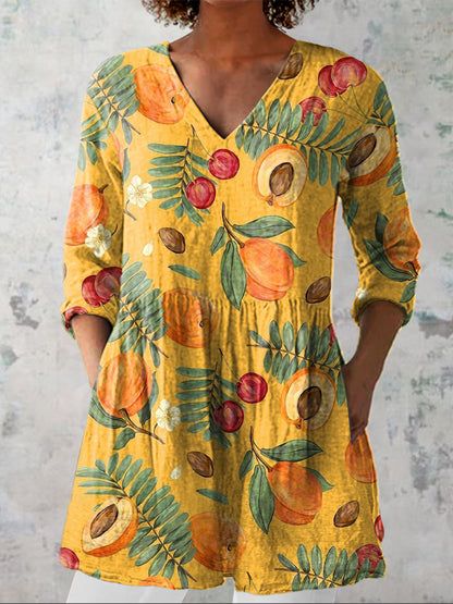 Summer Apricot Fruit Pattern Printed Women's Casual Linen V-Neck Shirt