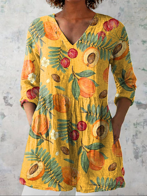 Summer Apricot Fruit Pattern Printed Women's Casual Linen V-Neck Shirt