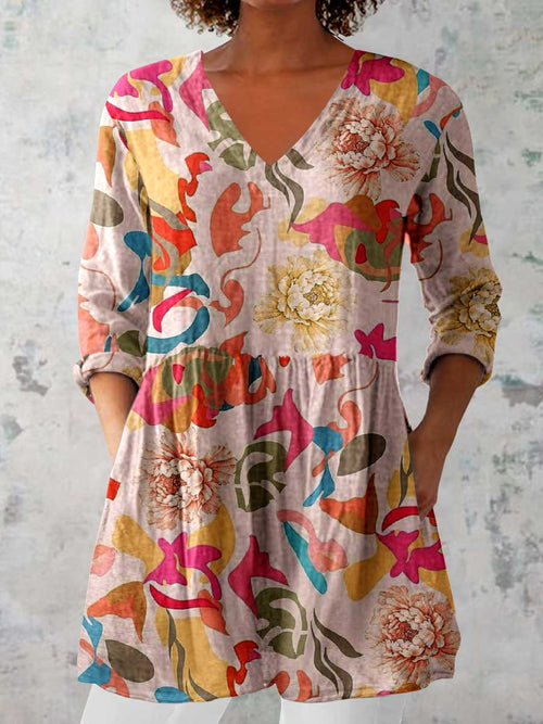 Women's Elegant Floral Print V-Neck Cotton and Linen Top