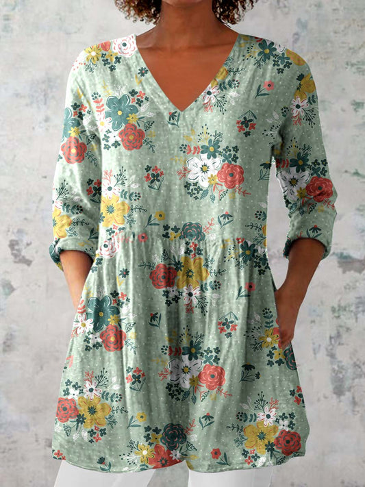 Women's Elegant Floral Pattern Cotton and Linen Top