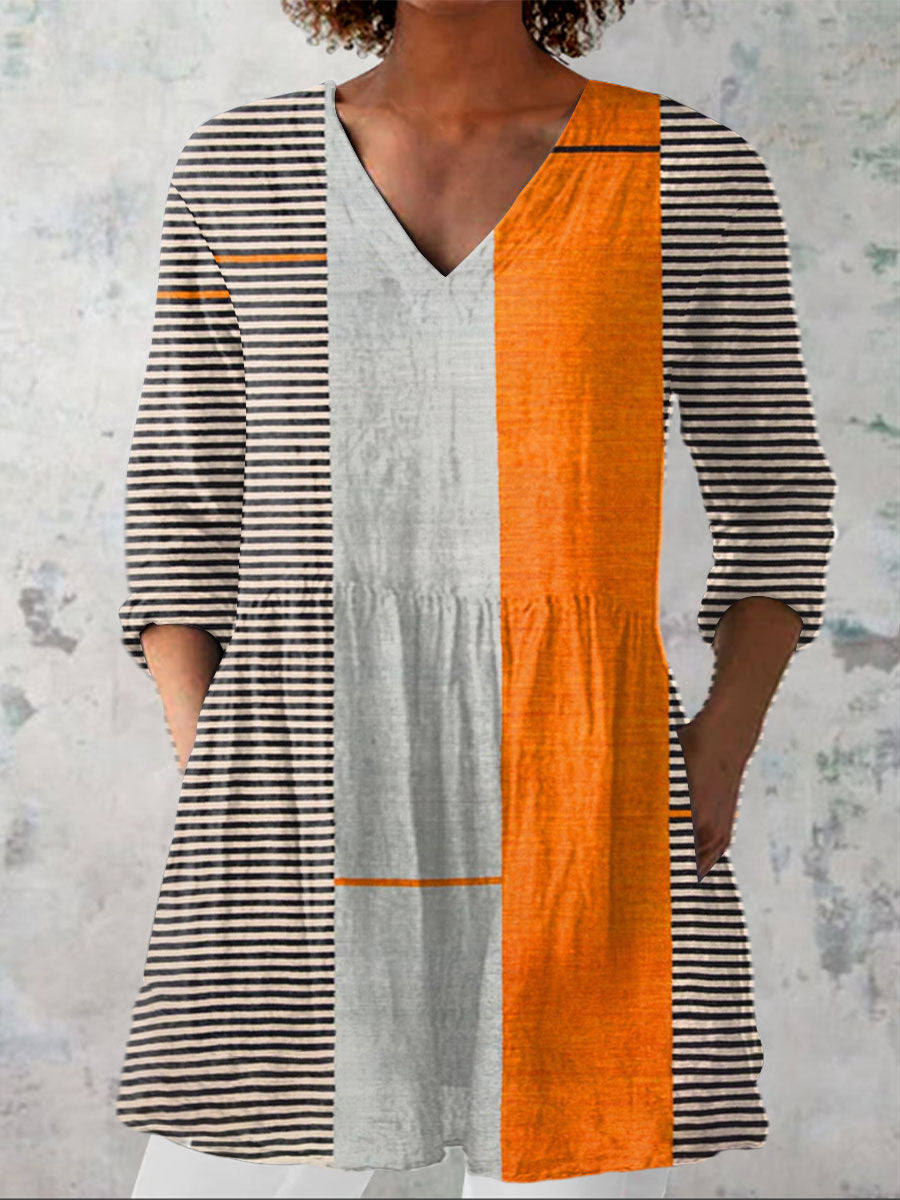 Women's  Vintage Abstract Geometric Art Print Casual Linen V-neck Shirt