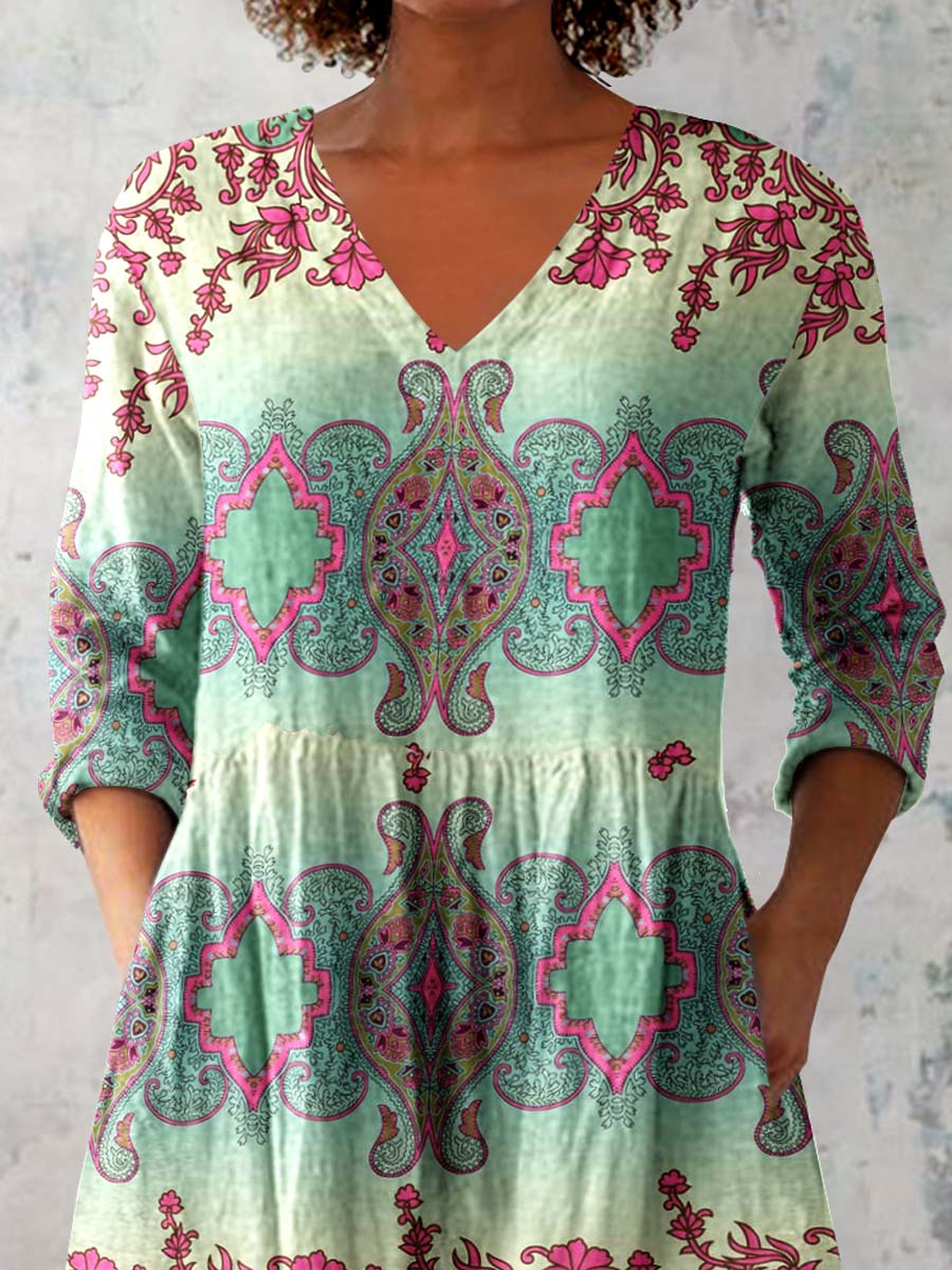 Women's Ethnic Geometric Print V-neck Cotton and Linen Top