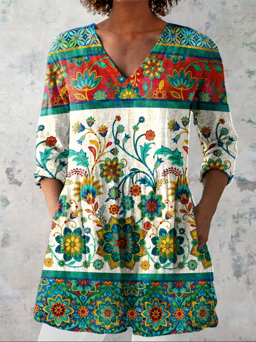 Women's Vintage Flowers Art Print Casual Linen V-neck Shirt