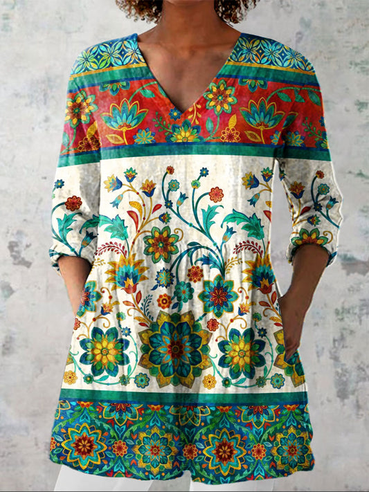 Women's Vintage Flowers Art Print Casual Linen V-neck Shirt