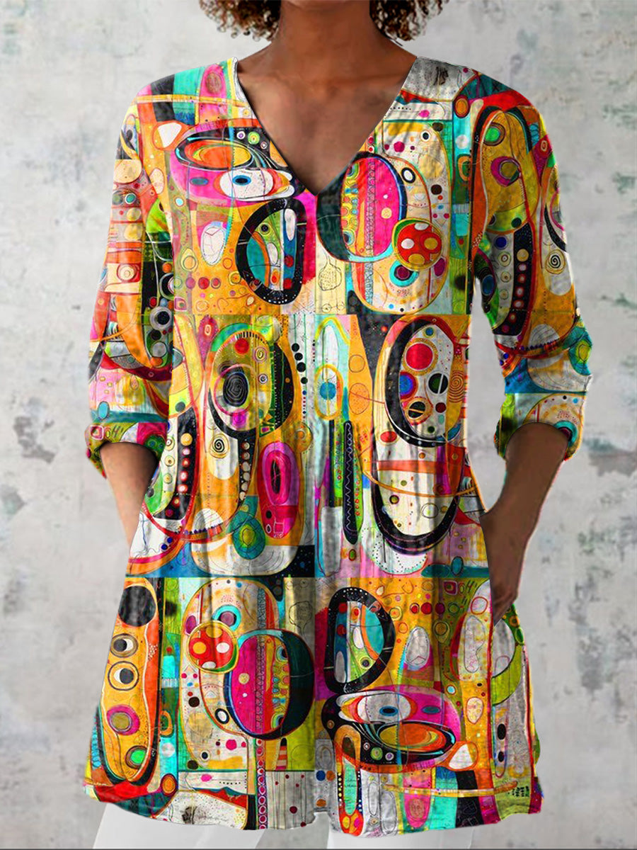 Multicolor Abstract Pattern Printed Women's Casual Linen V-Neck Shirt
