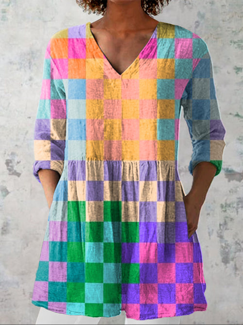 Colorful Geometric Check Pattern Printed Women's Casual Linen V-Neck Shirt