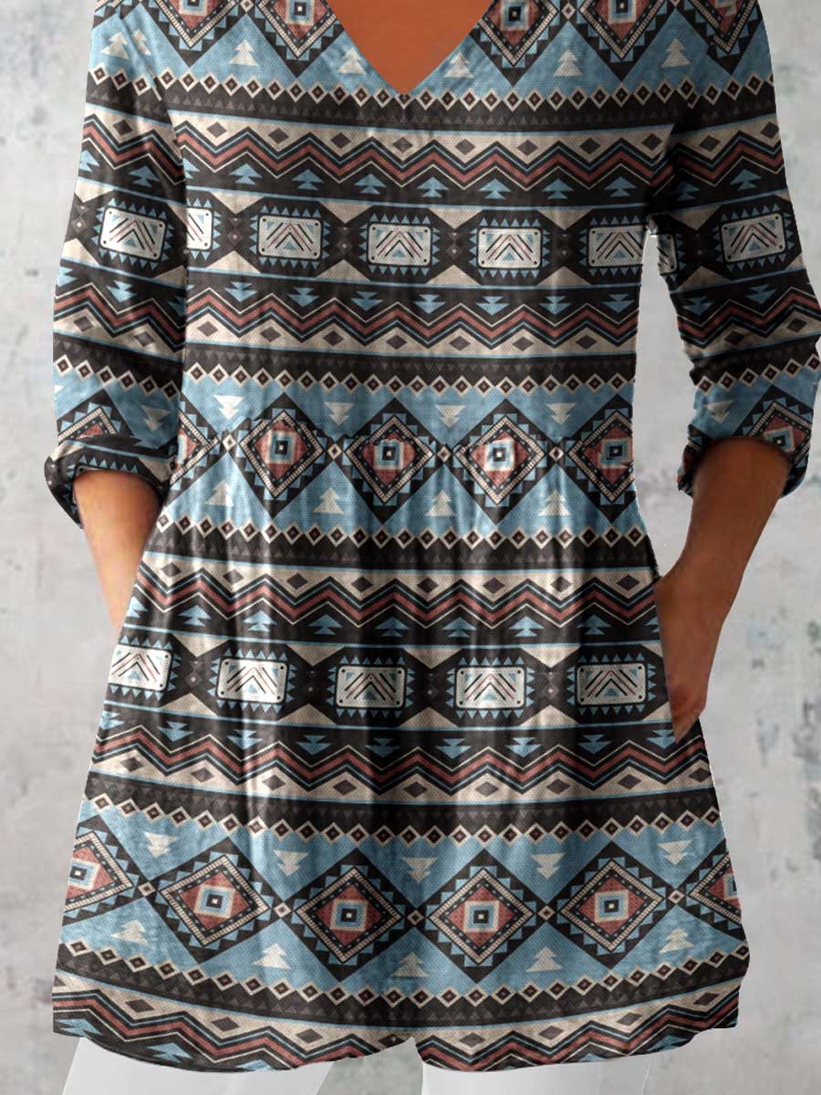 Women's Artistic Geometric Pattern Cotton and Linen Top