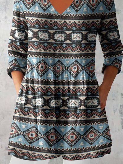 Women's Artistic Geometric Pattern Cotton and Linen Top