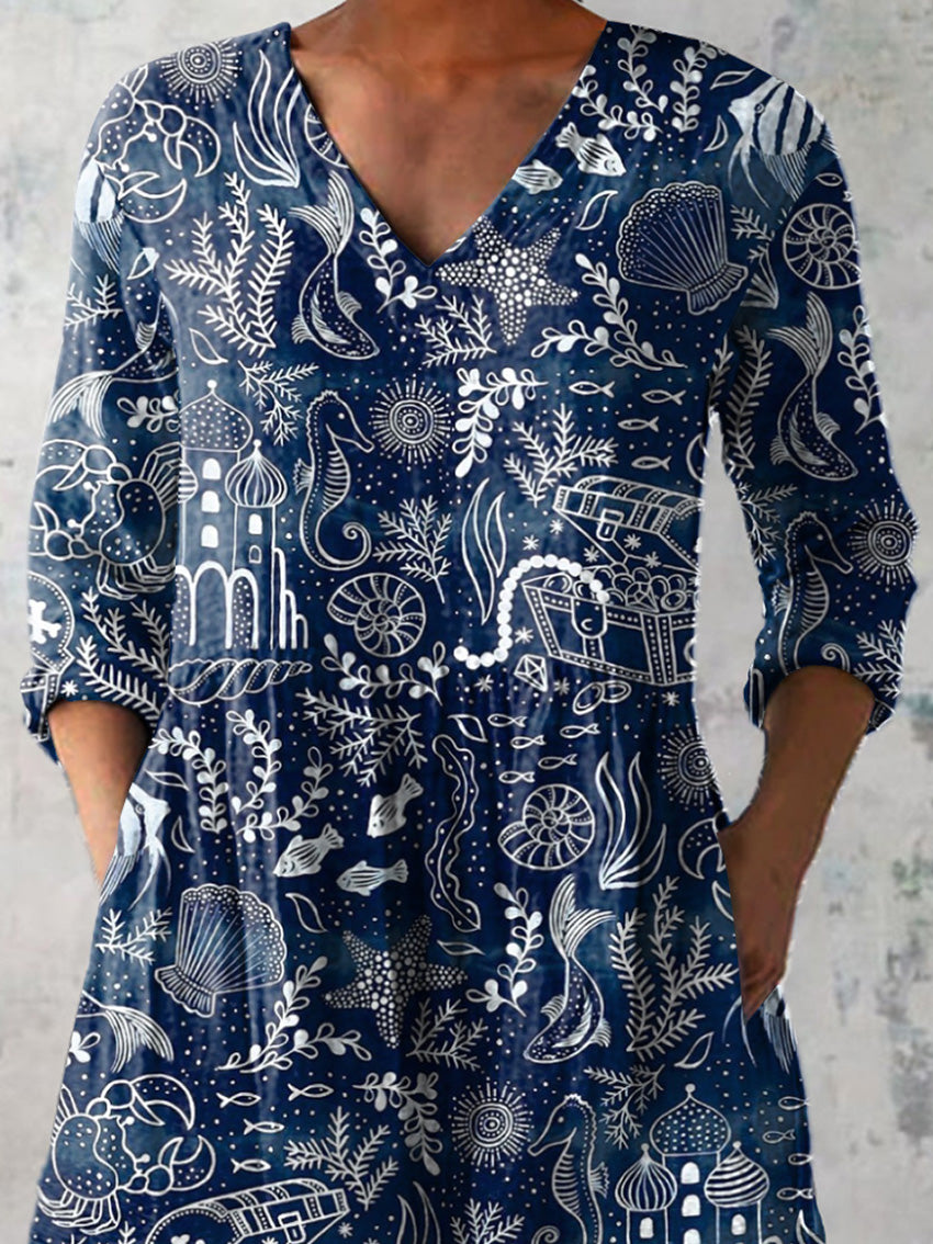 Wonder Of The Sea Pattern Printed Women's Casual Linen V-Neck Shirt