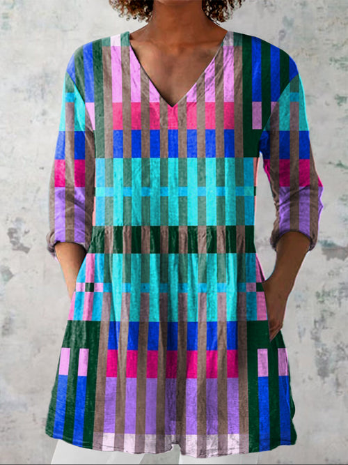 Colorful Geometric Pattern Printed Women's Casual Linen V-Neck Shirt