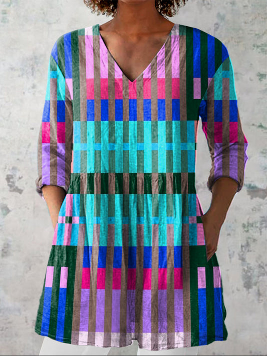 Colorful Geometric Pattern Printed Women's Casual Linen V-Neck Shirt